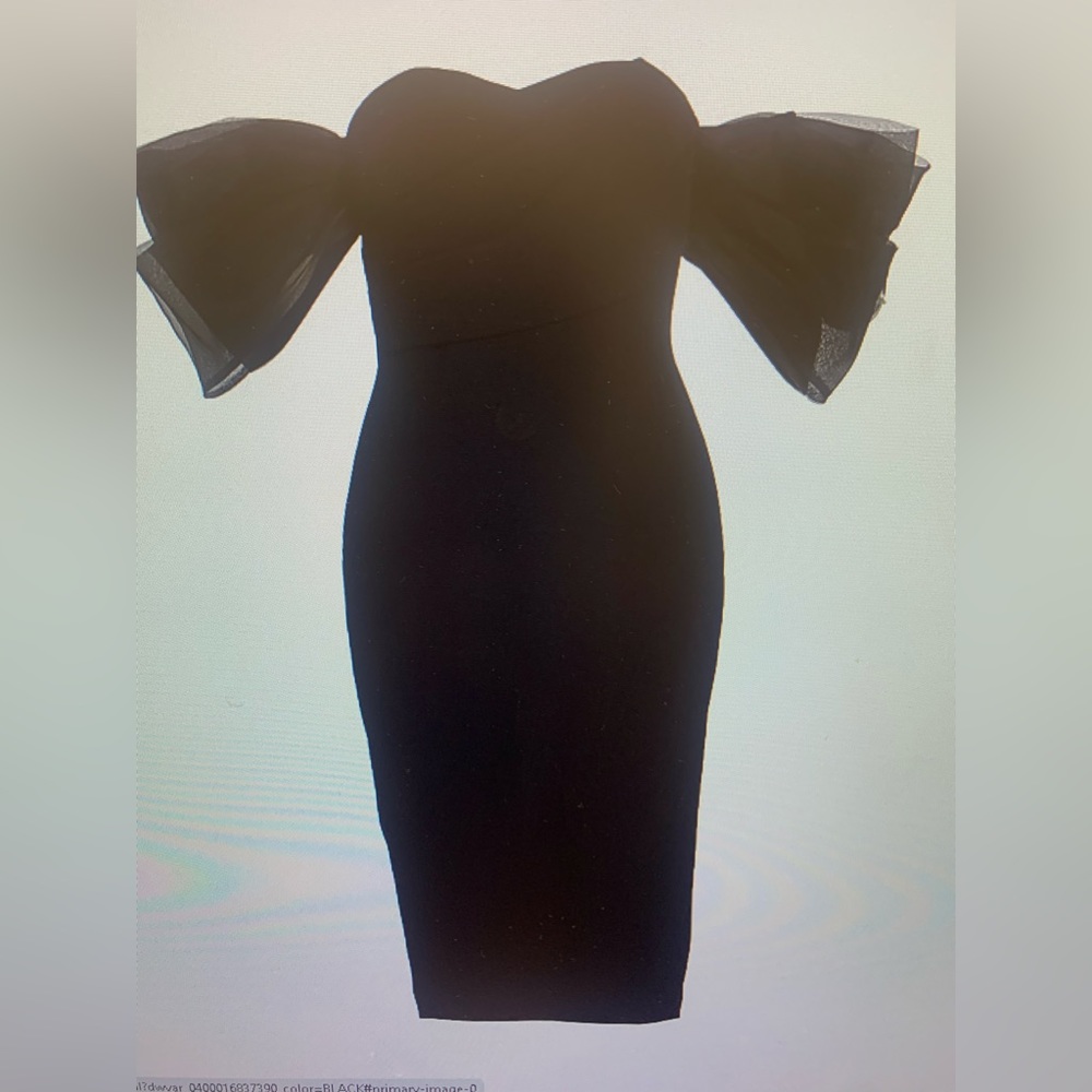 Badgley Mischka Dress.  Organza Puff Sleeve Cocktail Midi Dress